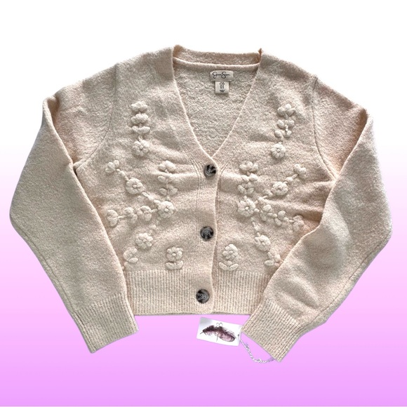 Jessica Simpson Women’s Crop Cardigan Sweater Embroidered Floral Cream NEW - Picture 5 of 11